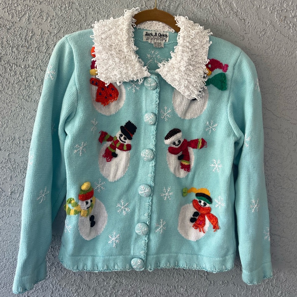 Vintage Jack B. Quick Snowman Christmas Cardigan Sweater Faux Fur Collar Holiday